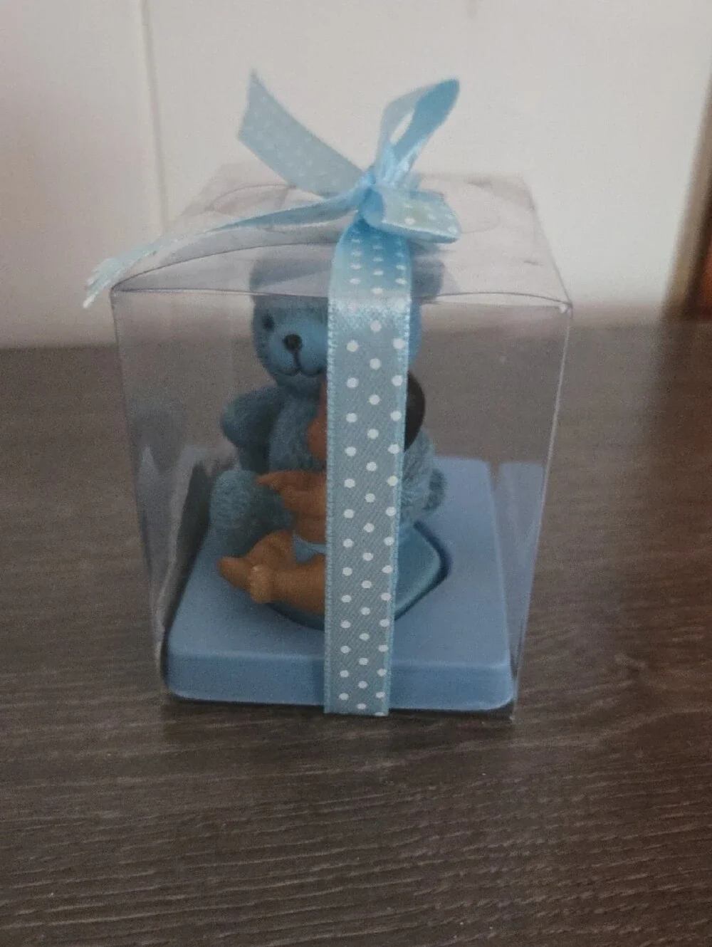 Blue Teddy Bear with Sleeping Baby Figurine in Gift Box